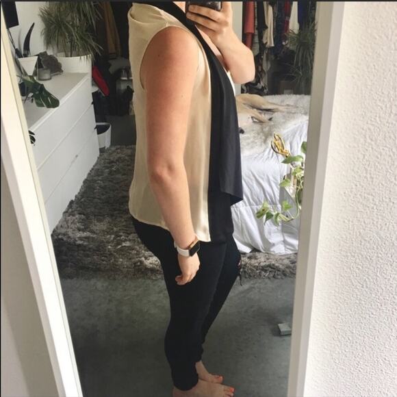 Haute Hippie Cream Black Silk Tank Tuxedo Vest Top Draped VNeck Button Blouse M - Picture 7 of 8